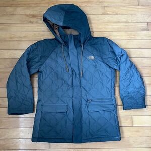 The North Face Womens Quilted Goose Down Hooded Parka Jacket Teal Blue Size M